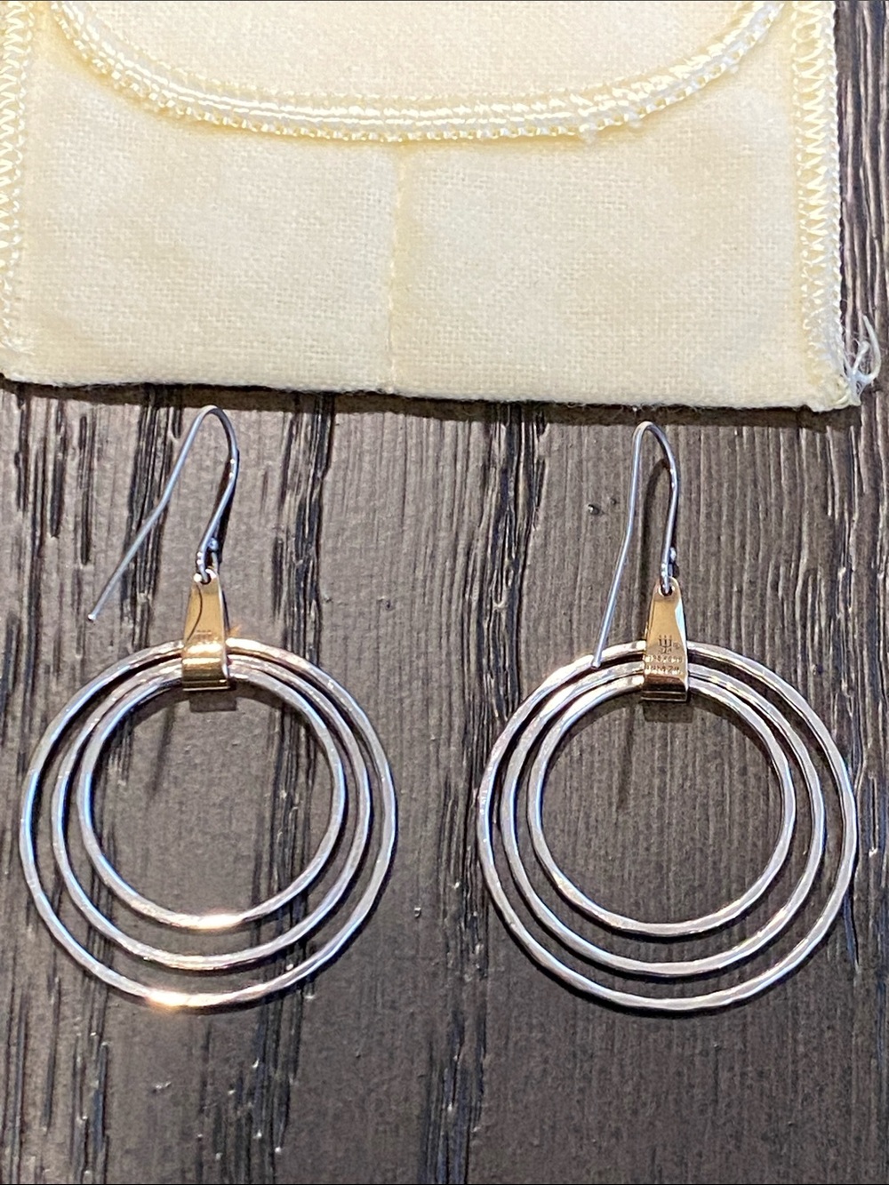 JAMES AVERY-Retired-Gold & Sterling Silver 3-Hammerd Triple Circle Earrings - Picture 6 of 7